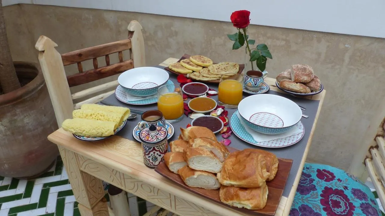 The breakfast spread served at the riad